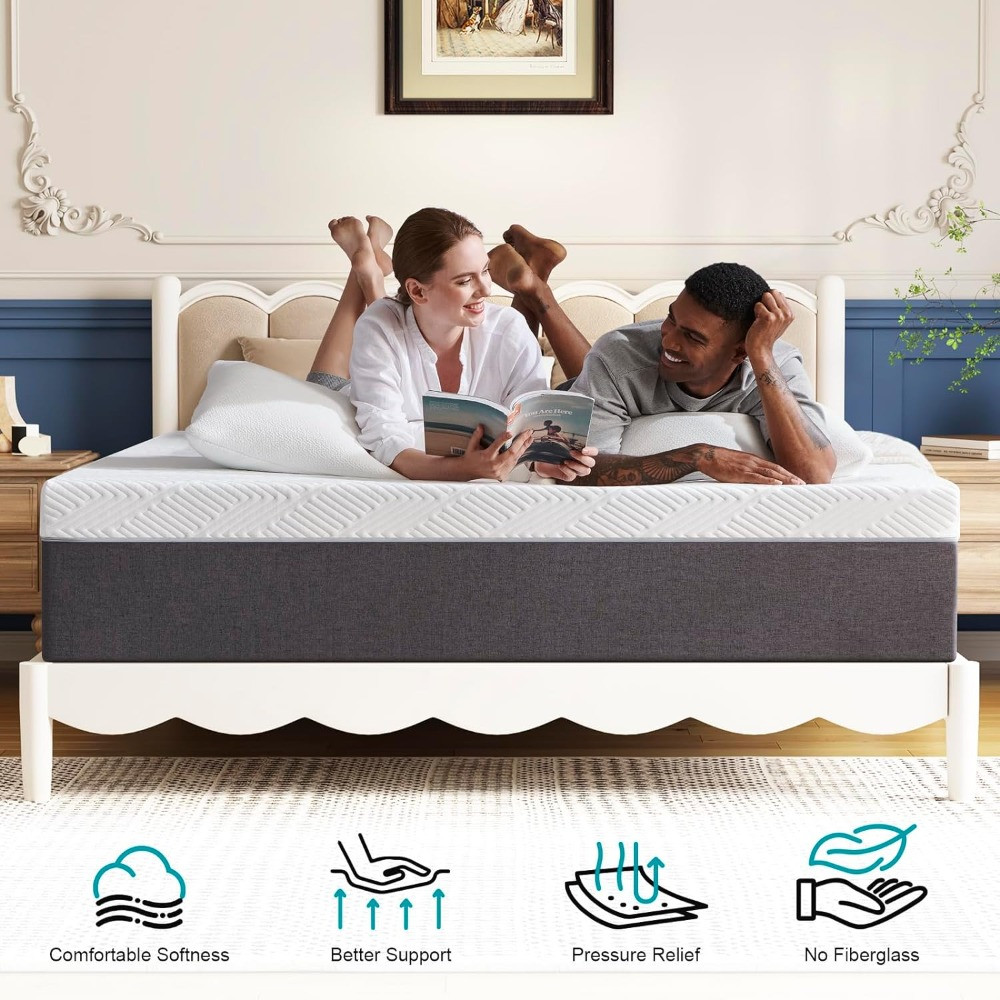 Two people relaxing on a mattress with icons below marketing features